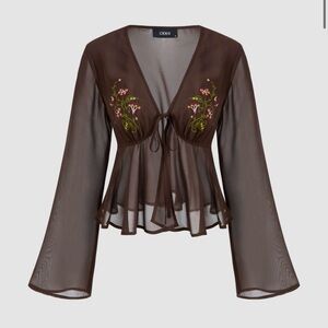 Cider CHIFFON V-NECK FLORAL EMBROIDERY RUFFLE HEM KNOTTED LONG SLEEVE BLOUSE